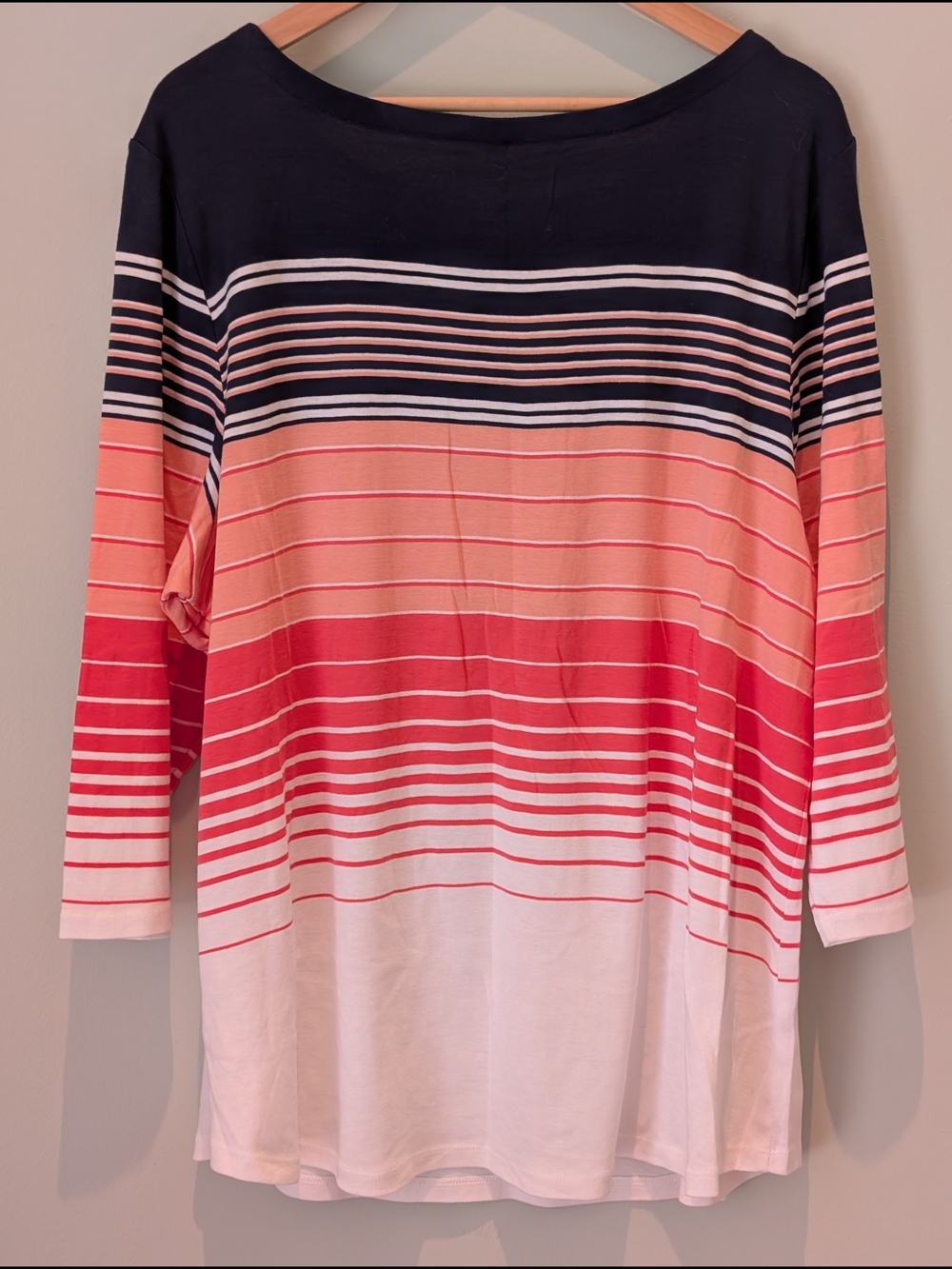 New! Striped Boatneck 3/4-Sleeve Top in Navy and Coral - Picture 4 of 4